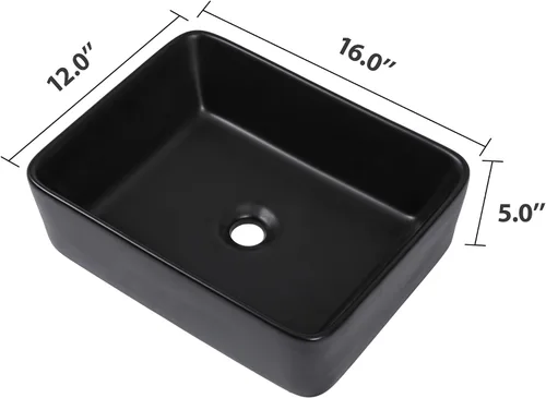 Vista 5 de Dcolora Lavabo de Recipiente Negro Rectangular de 40,6 x 30,5 cm Negro Mate Lavabo de Baño Rectangular sobre Encimera Cerámica Porcelana Lavadero