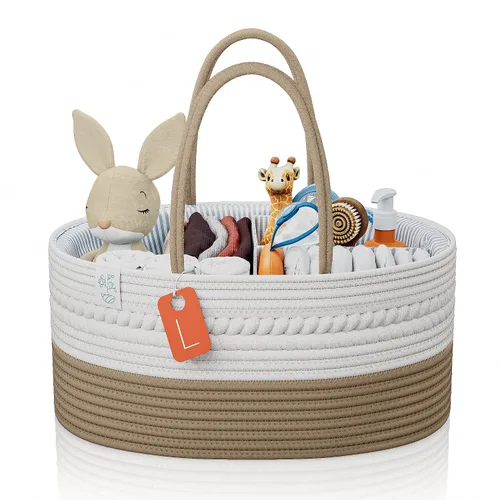 Vista 14 de KiddyCare Organizador de Pañales Tejido con Cesta de Asa y Tapa, Organizador de Pañales con Divisores para Guardería de Bebé Niño/Niña, Regalo