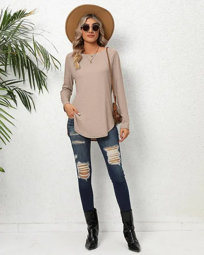 Vista 8 de Ficerd 2 Pack Women's Long Sleeve Shirts, Loose Fit Crew Neck Tunic Tops Loose Fit Side Split Basic Pullover Tee Shirts