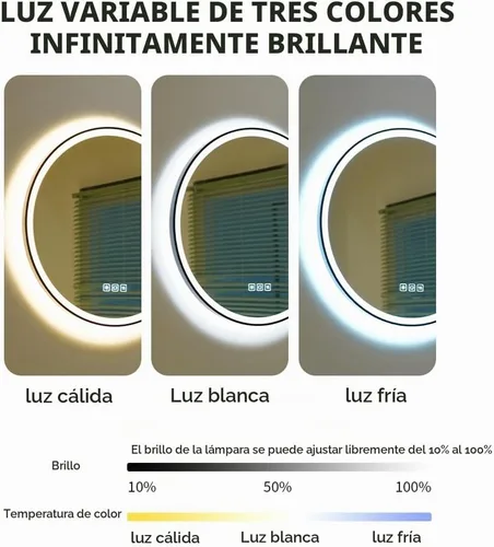 Vista 4 de Espejo LED redondo de 20 pulgadas, espejo samrt para baño, espejo de pared con luz, antiempañamiento, 3 colores regulables, frontal