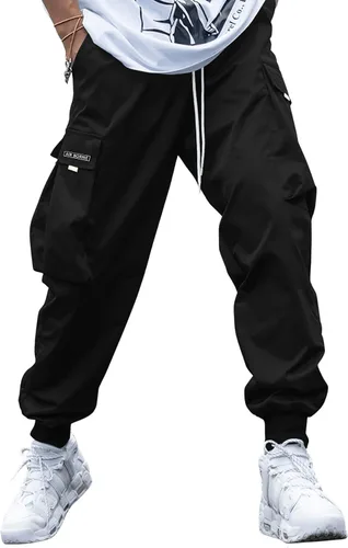 Vista 3 de OYOANGLE - Pantalones de jogger de calle con cordón, bolsillo con solapa y gráfico de letras, casuales, para hombre