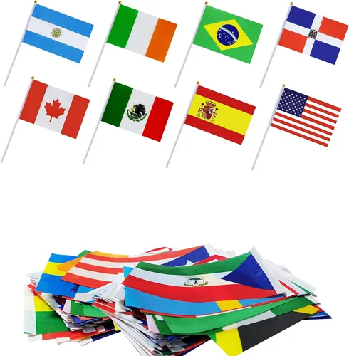 Vista 2 de Banderas de mano de 200 países en palo, pequeñas mini banderas internacionales de países del mundo de 5 x 8 pulgadas, bandera de países del mundo