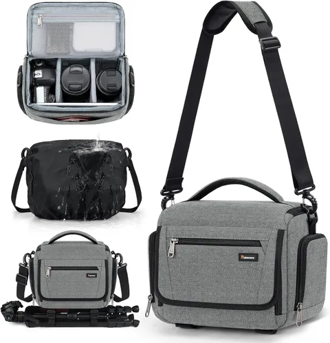 Vista 10 de RAINSMORE - Bolsa para cámara, estuche para cámara SLR/DSLR/sin espejo con divisor, soporte para trípode, bolsa cruzada impermeable digital