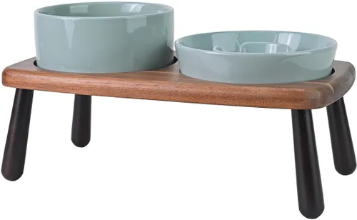 Vista 17 de SPUNKYJUNKY Cuencos elevados de cerámica para perros con soporte de bambú de acacia, juego de cuencos de agua y comida para perros y gatos de 6.1