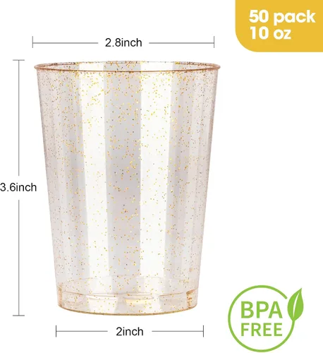 Vista 3 de Goodluck 50 vasos de plástico con purpurina dorada de 10 onzas, vasos desechables con purpurina, elegantes vasos de cóctel de plástico, vasos