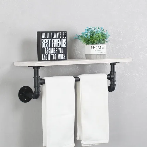 Vista 5 de MBQQ Estantes de tubería para baño en negro y blanco con toallero sobre el inodoro, estantes flotantes de 24 pulgadas de madera de pino para montaje