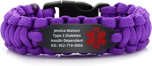 Vista 28 de Pulsera de alerta médica Paracord para hombres y mujeres Pulsera de identificación médica de acero inoxidable con hebillas de liberación lateral