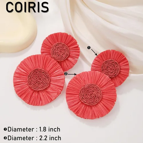 Vista 5 de Pendientes redondos llamativos de rafia con palmera bohemia para mujer