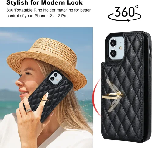Vista 3 de Folosu Funda compatible con iPhone 12 iPhone 12 Pro con soporte para tarjetas, rotación de 360°, soporte de anillo de dedo con función atril