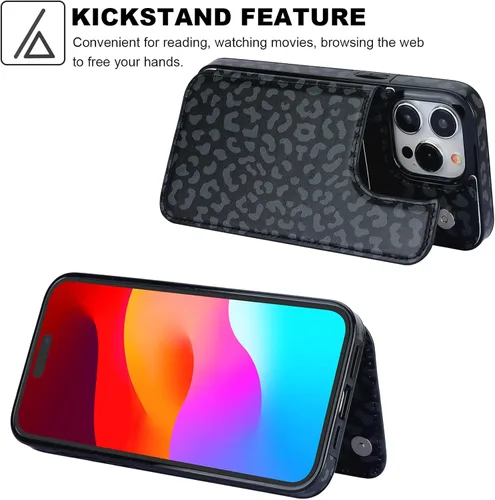 Vista 5 de HAOPINSH Funda tipo cartera para iPhone 15 Pro Max con tarjetero, diseño de leopardo negro y guepardo con tapa trasera, de piel sintética