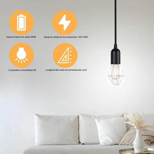 Vista 6 de Simple Deluxe - Cordón de lámpara colgante de linterna de 15 pies con enchufe E26, con interruptor de encendido/apagado (bombilla no incluida)
