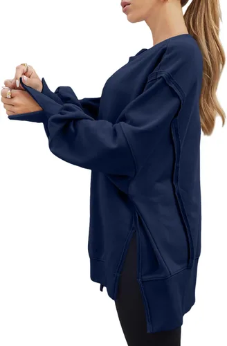 Vista 3 de AUTOMET Sudaderas de gran tamaño para mujer, estilo casual, cuello redondo, manga larga, con abertura, ropa de moda de otoño 2023