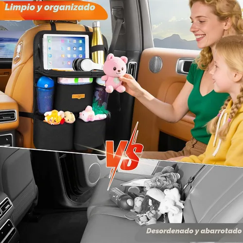 Vista 4 de SURDOCA Organizador de asiento trasero de coche con bandeja plegable para niños y adultos – NUEVO MODELO Almacenamiento de asiento con bolsillo