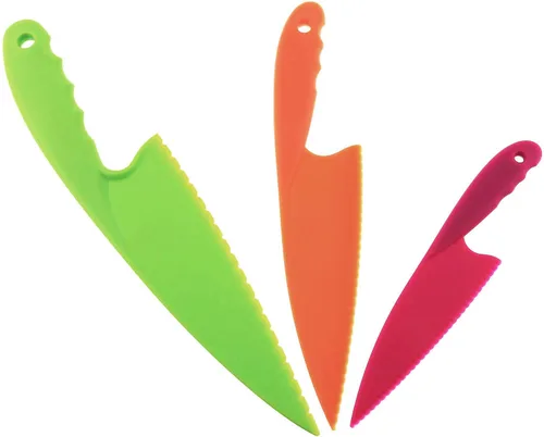Vista 4 de RLECS Cuchillo de cocina de nylon de 3 colores, 3 piezas, juego de cuchillos de plástico, para pan de frutas, pastel, ensalada, lechuga, cuchillo