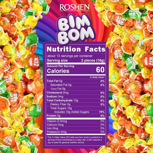 Vista 2 de Roshen Bim Bom Caramelos Duros – Caramelos surtidos rellenos de frutas y bayas, envueltos individualmente, a granel de 16.5 oz (468g)