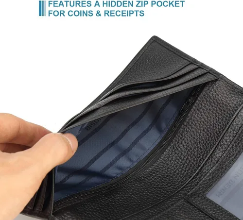 Vista 4 de BISON DENIM Carteras RFID plegables para tarjetas de crédito billetera larga de cuero real para hombre con bolsillo con cremallera para monedas