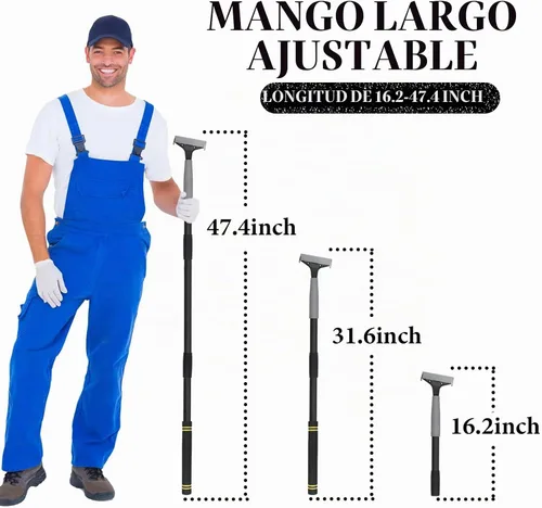 Vista 2 de Rascador de suelo de mango largo, herramienta rascador de piso resistente de 16 a 47 pulgadas, hecha de acero inoxidable más fuerte con 5