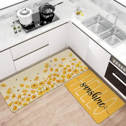 Vista 2 de Juego de 2 alfombras y tapetes de cocina de granja de primavera y verano, diseño floral de Hello Sunshine, antideslizante, lavable
