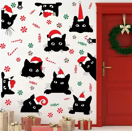 Vista 8 de Adhesivos de ventana de Navidad para ventana de Navidad, gato negro y menta, calcomanías de pared para decoración de ventanas de tienda de vidrio