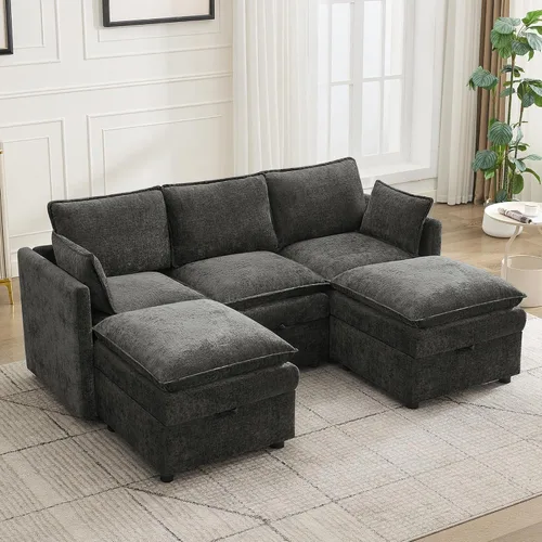 Vista 52 de Otomana cuadrada grande de 27 pulgadas con almacenamiento, reposapiés tapizado moderno con patas antideslizantes para sofá, mesa de café, sala