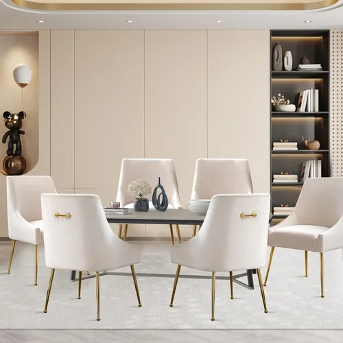 Vista 9 de Juego de 2 sillas de comedor de terciopelo, sillas de comedor tapizadas con patas de metal dorado pulido, sillas auxiliares de cocina de granja, Azul