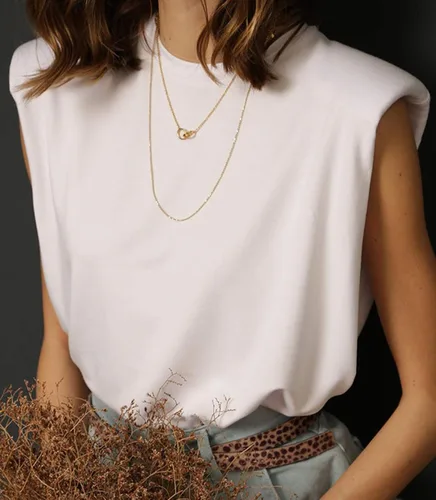 Vista 3 de Meladyan Camiseta sin mangas de algodón sólido con hombros acolchados para mujer, cuello redondo, holgada, sin mangas