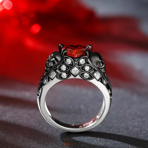 Vista 3 de Jeulia Juego de anillos de compromiso de calavera de 2.55 quilates, plata de ley, corte de corazón, diamantes rojos, anillos de rubí, circonita