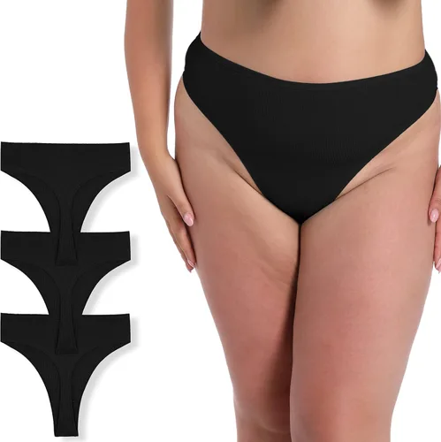 Vista 19 de Tanga de algodón acanalado transpirable sin costuras de cintura alta para mujer, ropa interior de talla grande 2 negro/2 verde/2 vino tinto