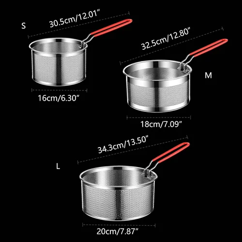 Vista 3 de Cesta para freír resistente a altas temperaturas para cocinar, colador de alimentos redondo de acero inoxidable para servir alimentos - Colador