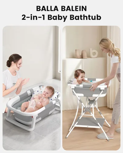 Vista 2 de Bañera para bebé con soporte, bañera plegable 2 en 1 para recién nacidos a niños pequeños, bañera infantil con soporte plegable, bañera portátil