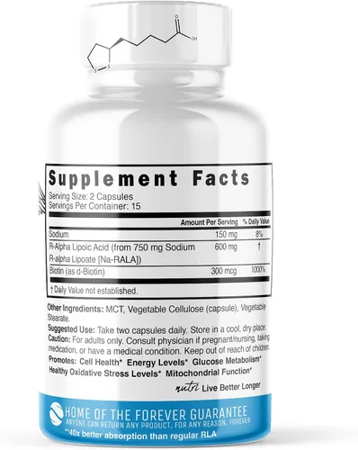 Vista 2 de Nutri R Ácido alfa lipoico 600mg Cápsulas - Ácido lipoico R estabilizado con biotina - Forma activa de R-ALA - Dosis clínica de 600 mg - Potente
