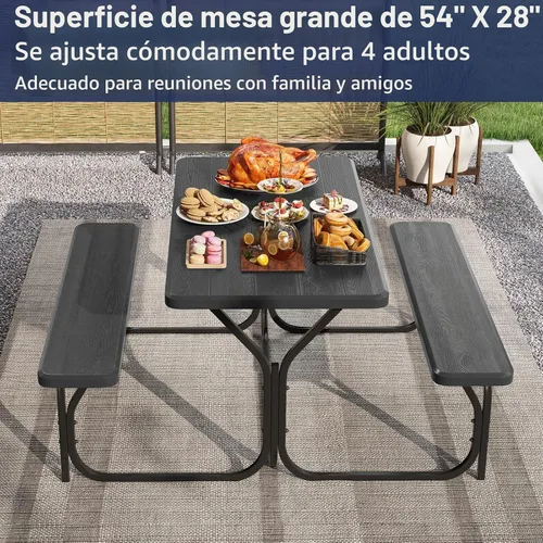 Vista 4 de GYMAX Mesa de Picnic, Banco de Picnic Fácil de Montar con Tablero de Grano de Madera Resistente a Cualquier Clima y Marco de Metal, Mesas de Picnic
