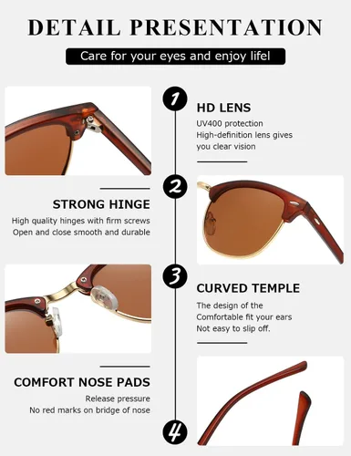 Vista 43 de AEVOGUE Gafas de sol polarizadas para mujeres y hombres semi marco retro gafas de sol AE0369