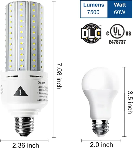 Vista 3 de Bombilla LED tipo maíz Mafuken de 500 W equivalente, 7500 lúmenes, bombillas LED de 60 W, super brillante, 5000 K, luz diurna blanca fría, E26/E27