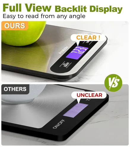 Vista 5 de Atogou Báscula de alimentos, báscula digital de cocina de 33 libras con pantalla LCD de vista completa, superficie de acero inoxidable duradera