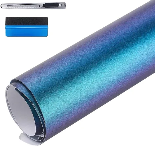 Vista 10 de LZLRUN Adhesivo de vinilo brillante brillante de color azul camaleón a morado con purpurina para interior del automóvil, lámina de cambio
