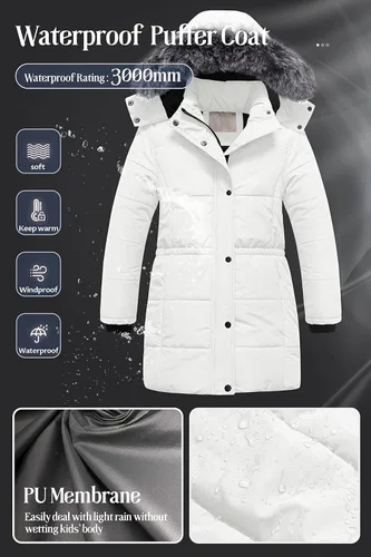 Vista 4 de Chrisuno Parka larga para niña, abrigo de invierno cálido resistente al agua, chaqueta acolchada acolchada para nieve