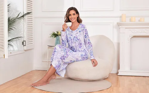 Vista 6 de QRRLUEN Camisón largo de algodón para mujer, ropa de dormir de manga larga, vestido de noche suave y cómodo