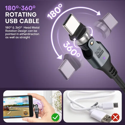 Vista 2 de Cable USB C a C de 3.3 ft, negro, rotación 540, 240 W, PD, carga rápida, transferencia de datos de 480 Mbps, cable de carga tipo C con chip