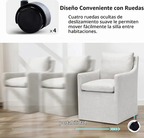 Vista 3 de DUHOME Silla de comedor tapizada, silla decorativa de lino para sala de estar, sofá individual con 4 ruedas, sillón tapizado para dormitorio