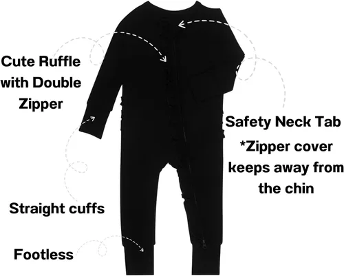 Vista 2 de GUISBY Rayon - Mameluco de manga larga para bebé, sin pies, cremallera de 2 vías con volantes, para dormir de 0 a 24 meses Negro