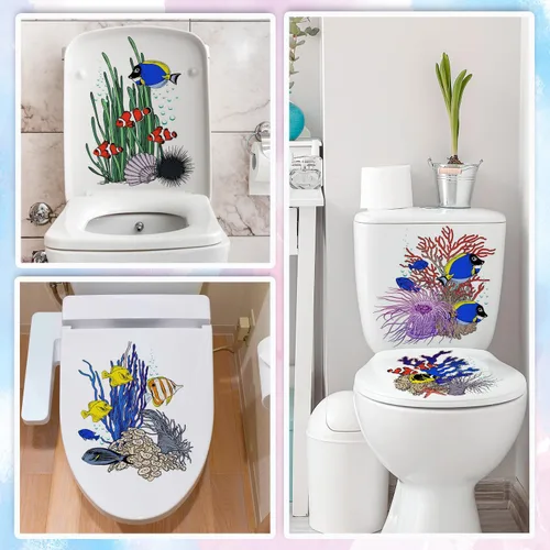 Vista 5 de 4 calcomanías autoadhesivas para asiento de inodoro bajo el mar, vida marina, acuarela, animales marinos, peces, algas marinas, coral