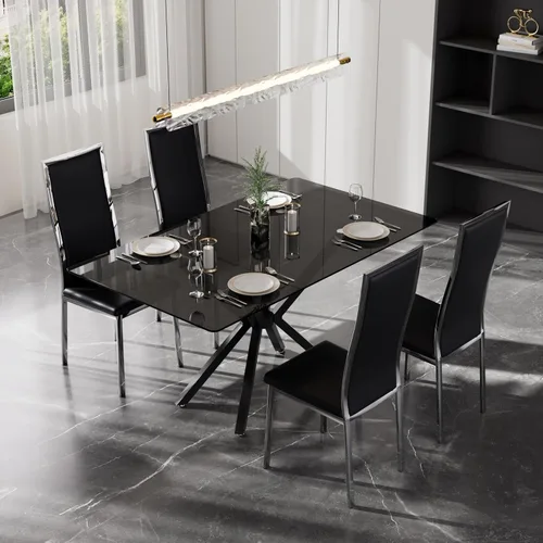 Vista 3 de Juego de 4 mesas de comedor de cristal negro, mesa de cocina minimalista moderna de 47 pulgadas con 4 sillas de comedor clásicas negras y plateadas
