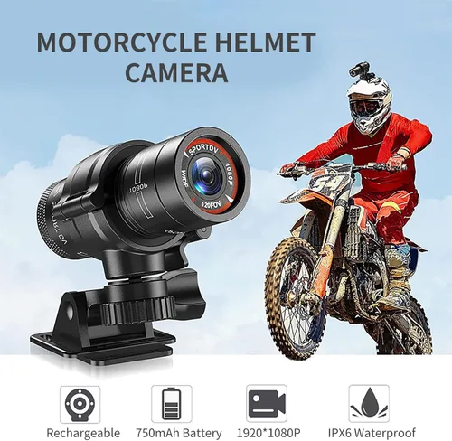 Vista 3 de Cámara de casco de motocicleta 1080P, 120 cámara de acción deportiva gran angular, micrófono integrado con soporte y correa para casco
