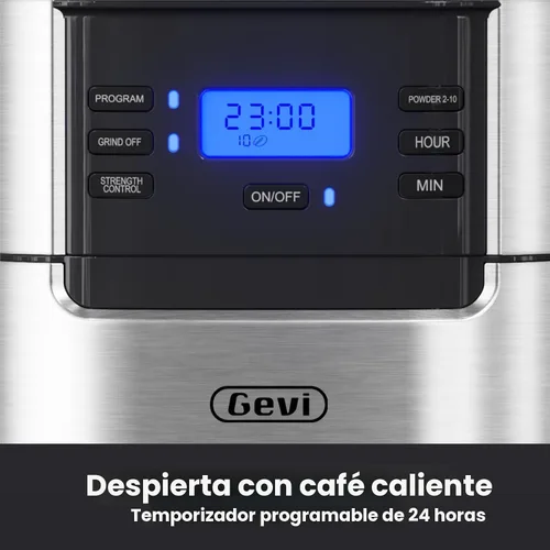 Vista 5 de Gevi Cafetera de 10 tazas con molinillo de rebabas integrado, temporizador programable, tanque de agua de 1.5L, filtro reutilizable y placa
