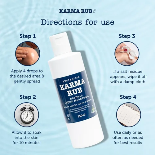 Vista 6 de Karma Rub Aceite de magnesio líquido tópico – 100% natural, oligominerales – Alivio del estrés, alivio de la migraña, alivio del dolor muscular