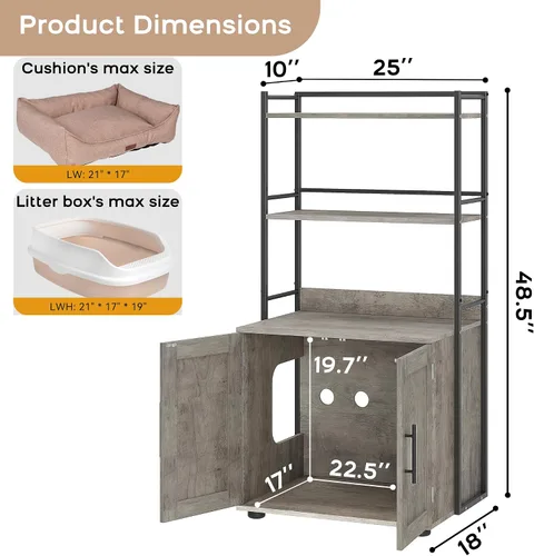 Vista 6 de GAOMON Caja de arena para gatos con almacenamiento de estantes, muebles ocultos 2 en 1 para baño, gabinete interior para gatos, caja oculta