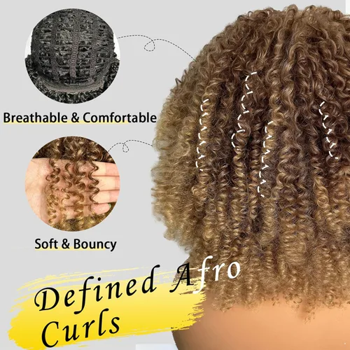 Vista 3 de SOKU Peluca de cabello corto rizado para mujeres negras, peluca corta rizada con flequillo, 10 pulgadas, rubia, resistente al calor, para mujer