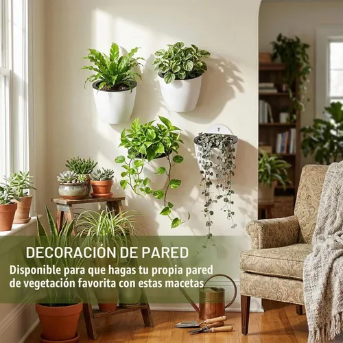 Vista 2 de MyGift Macetas de pared de 7.5 pulgadas para plantas de interior, macetas de plástico blanco para colgar, macetas de riego automático, macetas