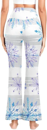 Vista 3 de Leggings acampanados de Navidad, color morado, azul, copo de nieve, líneas grises, pantalones de yoga para mujer, pantalones elásticos de fitness